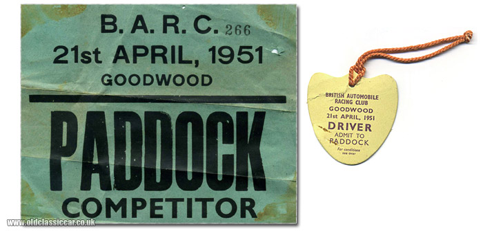 Goodwood competitor's paddock pass for a race in 1951