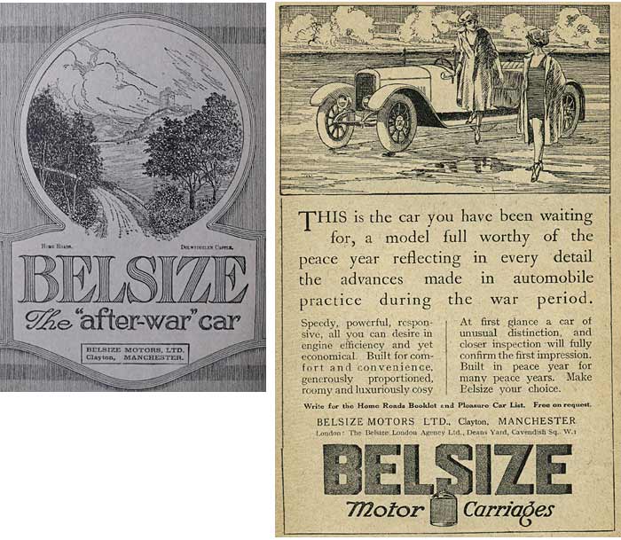 Two period advertisements for the Belsize car