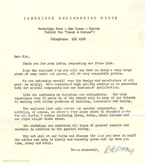 A letter from Cambridge Engineering in 1958