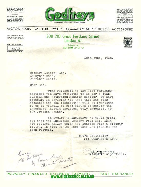Letter regarding a Sunbeam sent by agent Godfrey's Limited