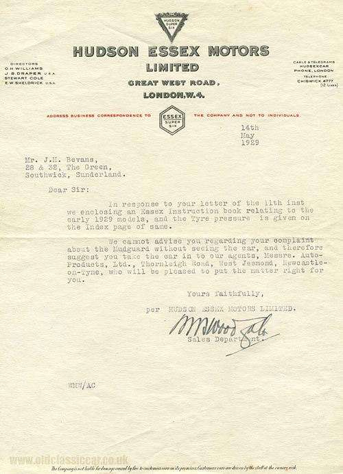A letter from Hudson Essex Motors in 1929