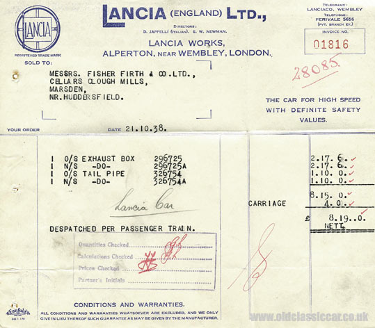 Lancia parts invoice from 1938