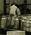 loading milk churns onto a Thornycroft flatbed dray