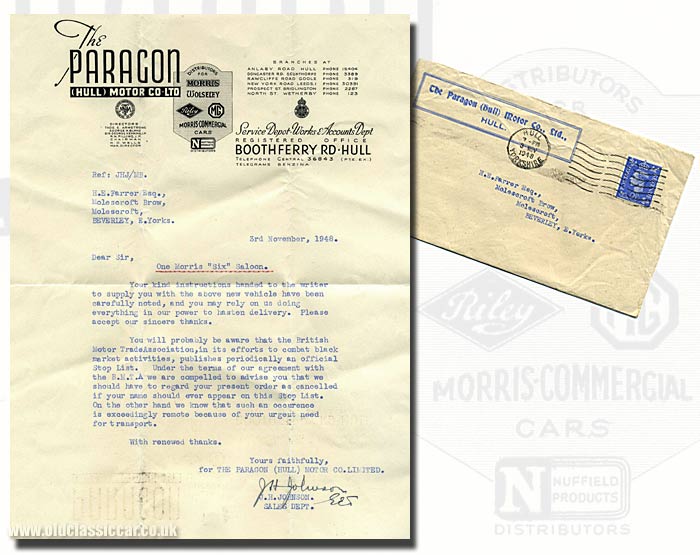 Letter regarding a Morris Six car