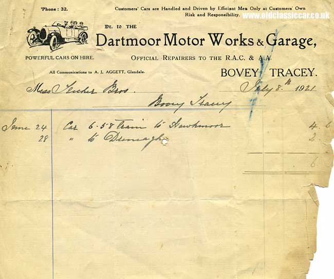 Invoice from a vintage motor garage
