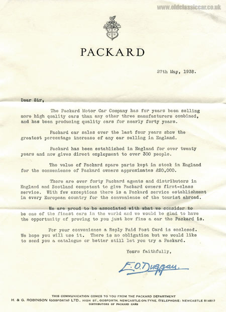A letter regarding Packard cars