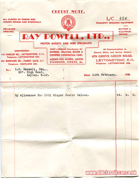 Credit note for the 1931 Singer car