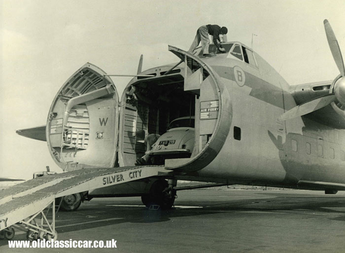 A Morris is loaded into a Silver City Bristol Freighter