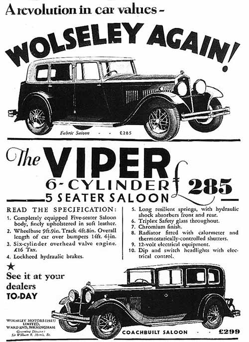 The ad shown below sent in by Les shows a splendid Wolseley Viper 5 seat 