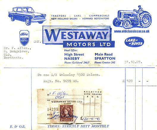 Old invoice for a Wolseley 1500
