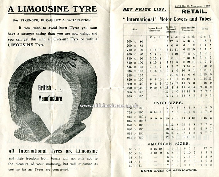 Tyre prices for 1919