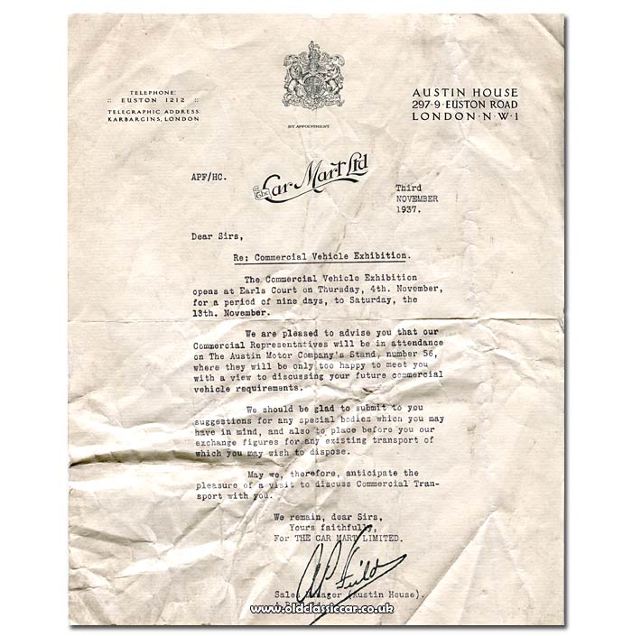 CarMart Ltd letter, 1937