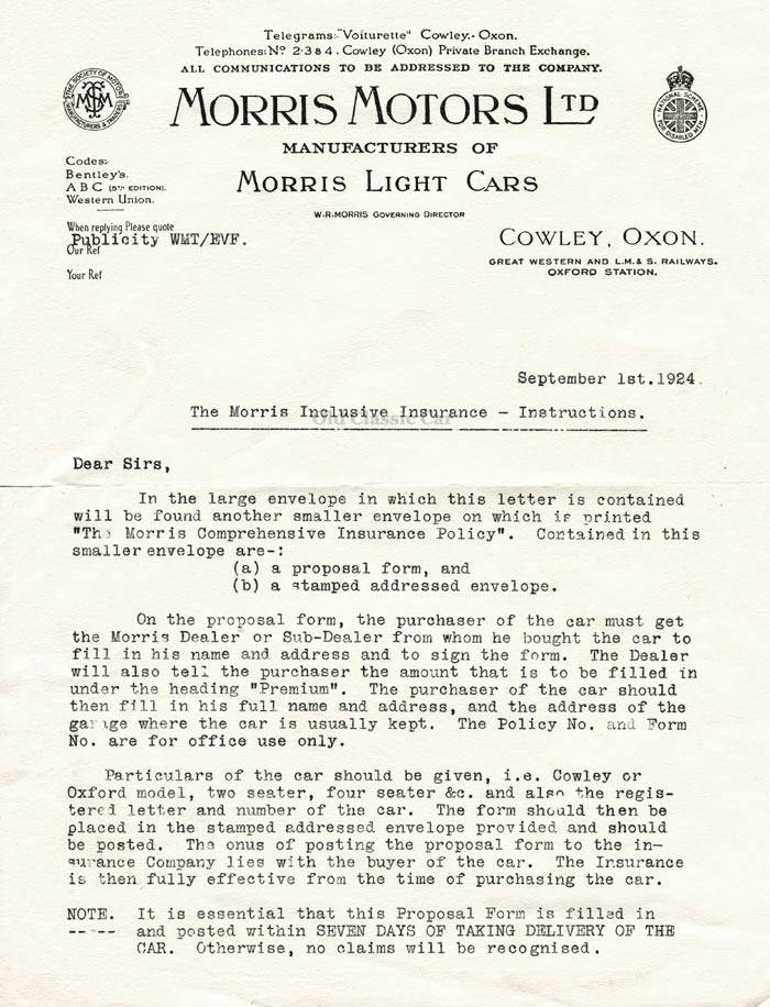 Morris Motors cars letter from 1924