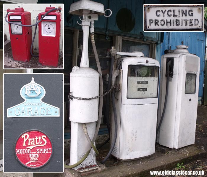 Garage petrol pumps and signs