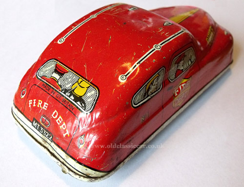 Rear corner view of this toy car