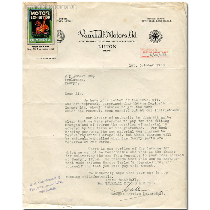 Letter regarding Vauxhall cars dating to 1928