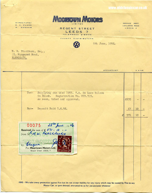 Invoice for the 1955 VW Beetle