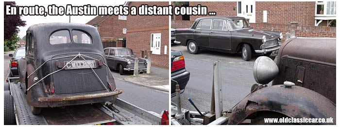 The 1938 Austin 10 on the trailer, parked near an old Morris saloon car