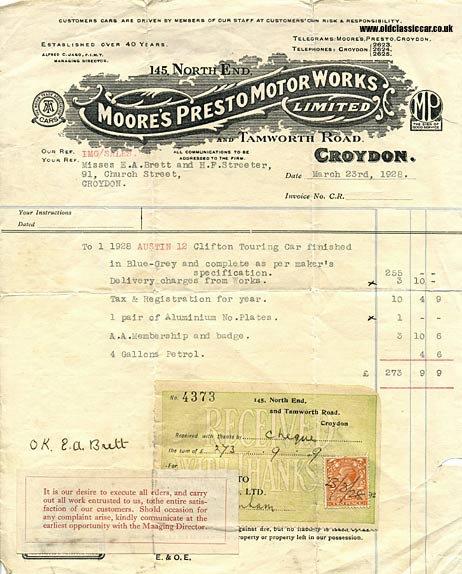 Sale of a new Austin 12 car in 1928