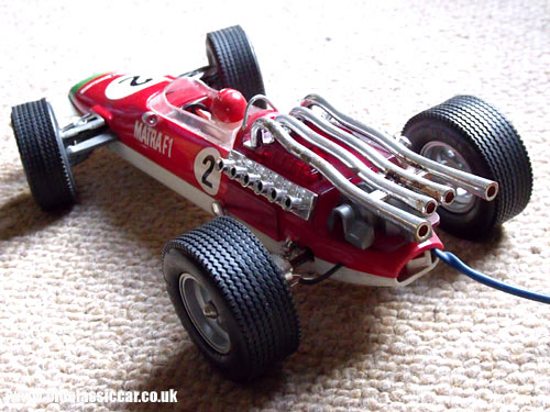 Rear view showing the toy car's exhaust system