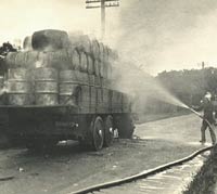 Rear view of the Garrett lorry on fire