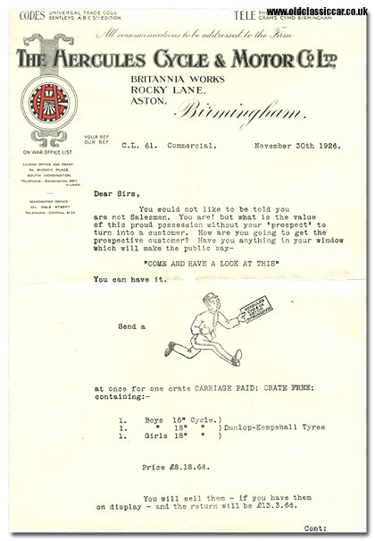 Letter from the Hercules bicycle factory