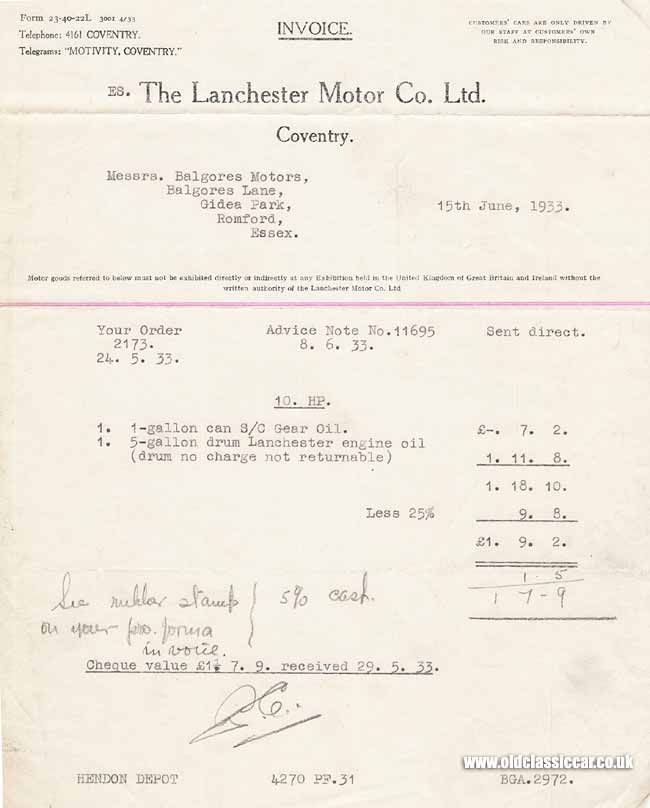 Lanchester invoice 1930s