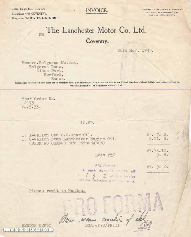 Lanchester invoice 1930s