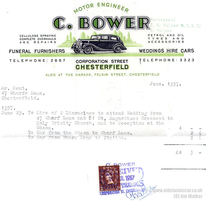 Invoice from 1957 regarding hire of two limousines