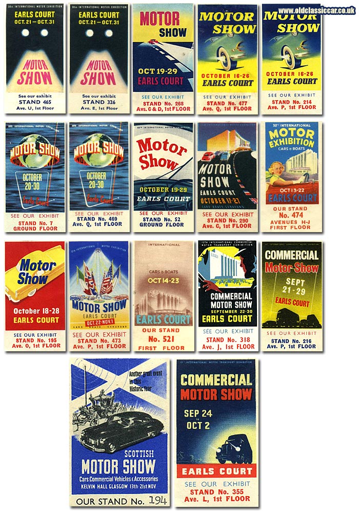 Earls Court motor show labels from the 1930s - 1950s