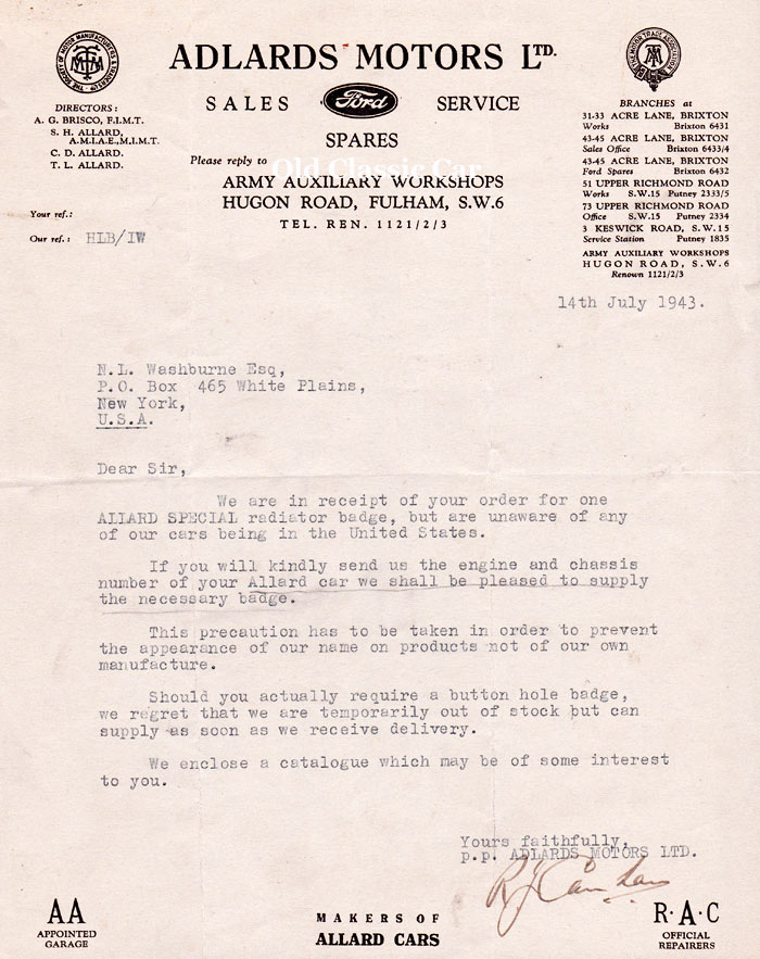 Letter regarding Allard cars in the 1940s