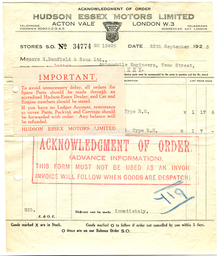 Hudson paperwork 1925