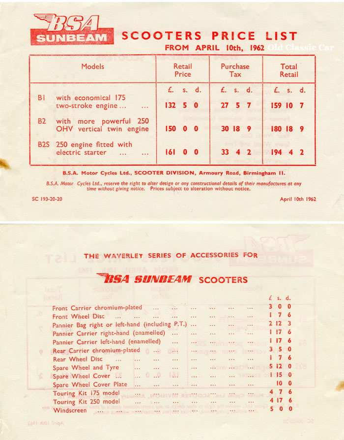 1962 price list and accessories