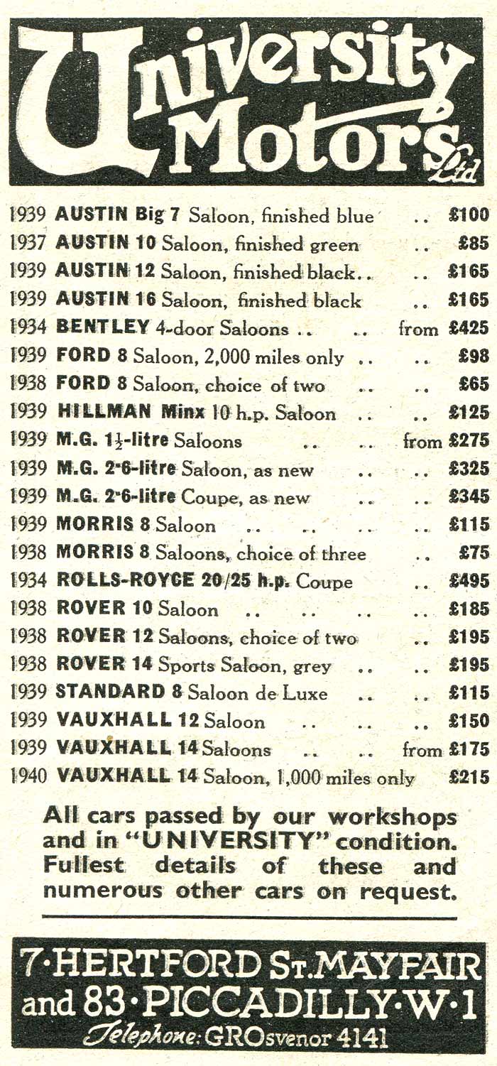 Cars for sale at University Motors in 1940