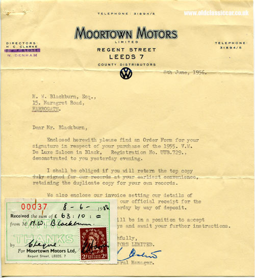 Letter from Moortown Motors relating to buying a VW Beetle