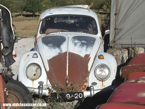 Mouldering quietly in the Portuguese sun, an early Beetle with steel sliding sunroof.