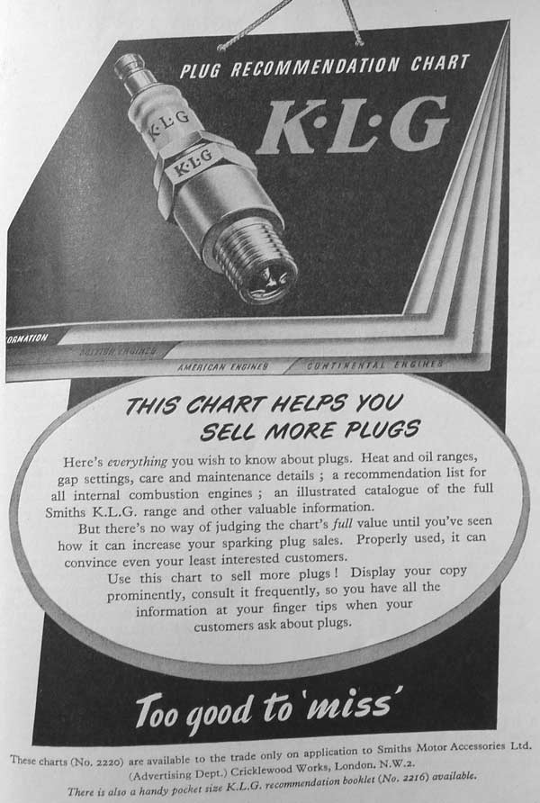 KLG Plug recommendation chart from Smiths Motor Accessories