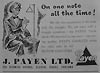 Payen were well known for their gasket manufacture in days gone by. The advert is targeting people who demand quality in the engine gaskets they buy. As with many period advertisements there is an element of humour incorporating within the artwork of this ad. J. Payen Ltd were located on Berwick Avenue in Slough. from  J. Payen Ltd